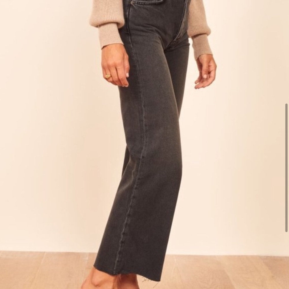 💎 Reformation Fawcett High Rise Wide Leg Black Jeans Monterey Wash Raw Hem 26