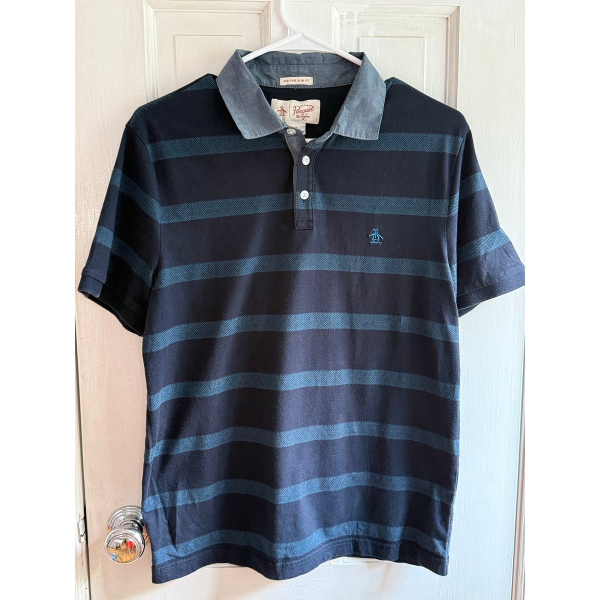 Original Penguin Polo Shirt Men’s Small Striped Blue Short Sleeve Cotton EUC