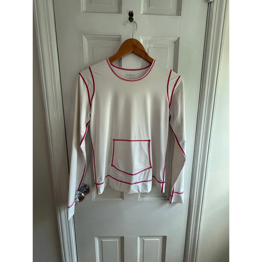 Athleta White Long Sleeve Top Pink Piping Size S EUC