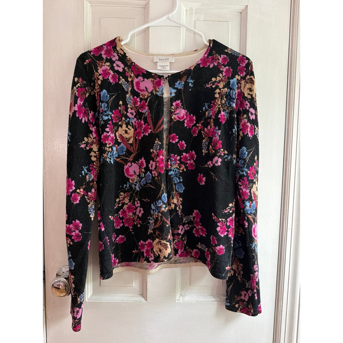 Kate Hill 100% Merino Wool Cardigan Sweater Floral Black Size Medium M
