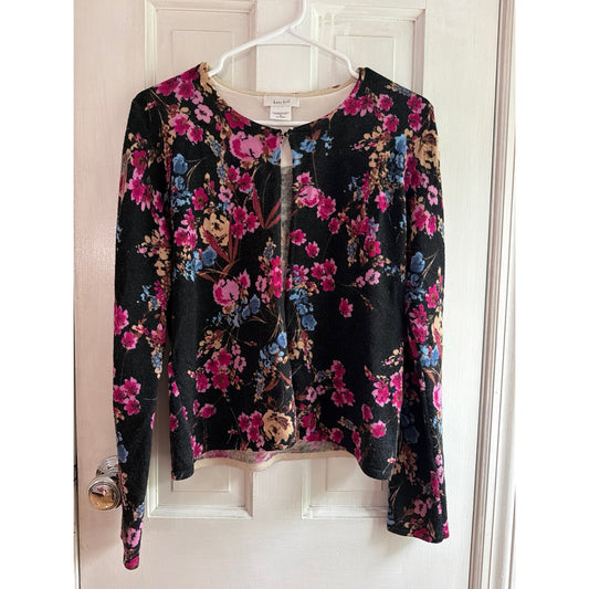 Kate Hill 100% Merino Wool Cardigan Sweater Floral Black Size Medium M