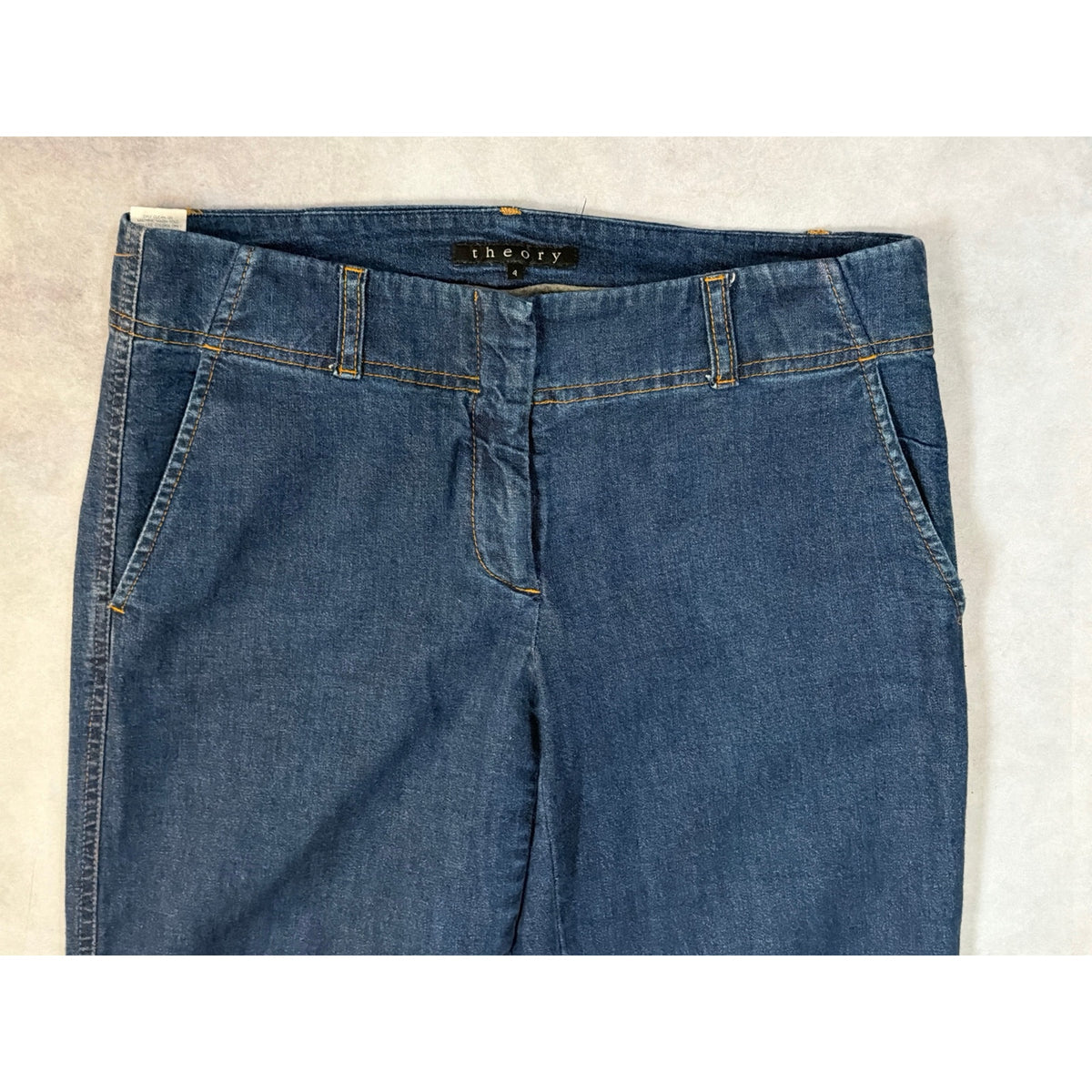 Theory Pants Womens 4 Blue Denim Wide Leg Trouser Low Rise Flap Pocket Crop EUC