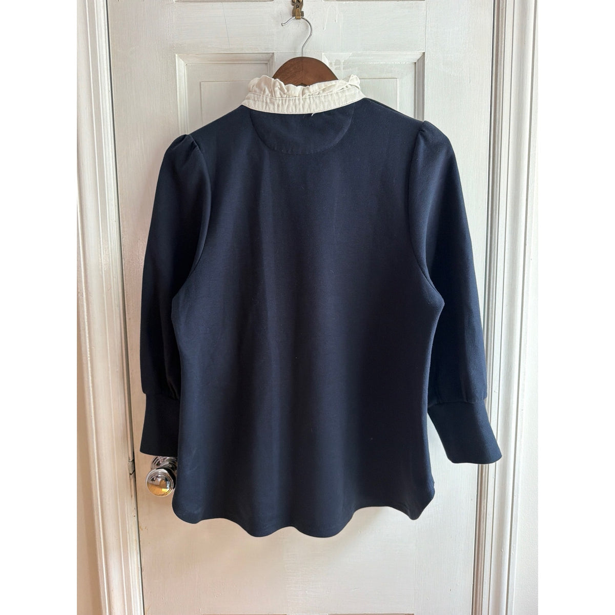 Pomander Place Navy Ruffle Collar Pullover Top Knit Sweatshirt Blouse Women S