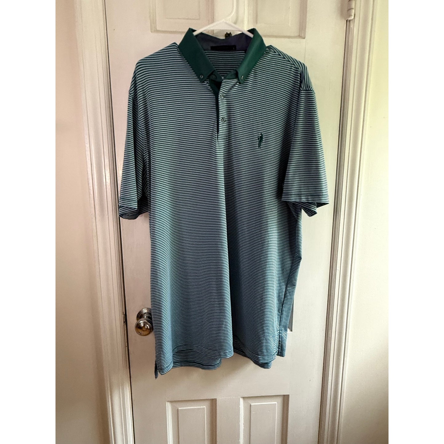 Greyson Cloistered Knight Logo Green Striped Golf Polo Shirt Size Large EUC