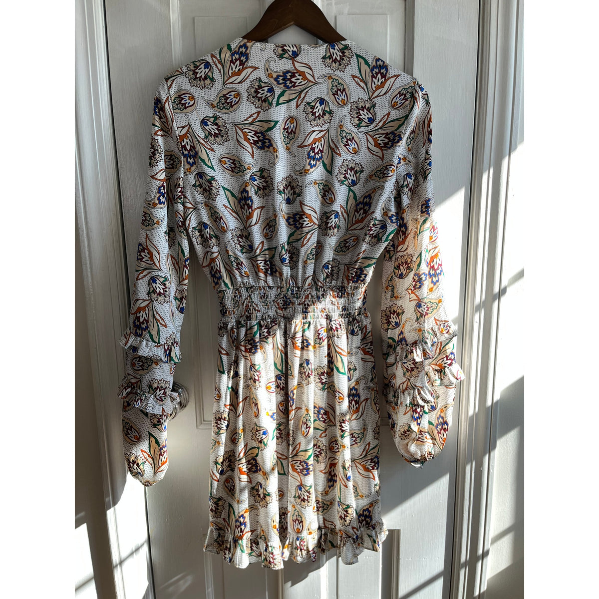 Maje White Floral Ruffle Mini Dress Tiered Bell Sleeve V-Neck Boho EU 38 US 6