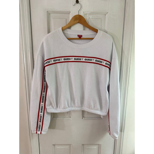 Vintage GUESS Logo Tape Trim Cropped Sweatshirt Womens Large White Red Stripe L