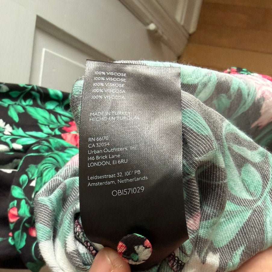 Anthropologie Black Floral Long Sleeve Dress - Green/Pink Leaf Print- Small