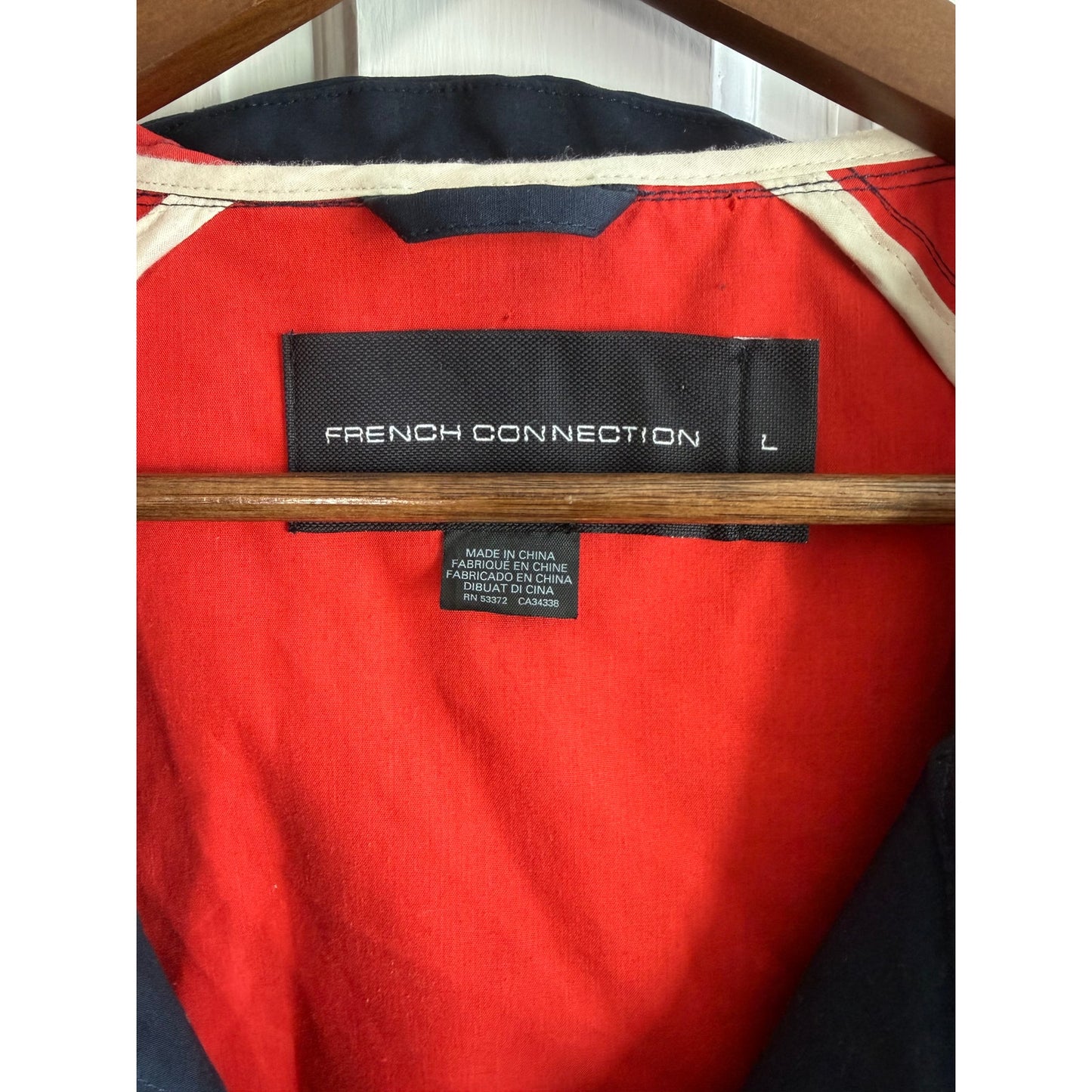 French Connection Men’s Navy Blue Hooded Field Jacket - Red Lining - Large - EUC