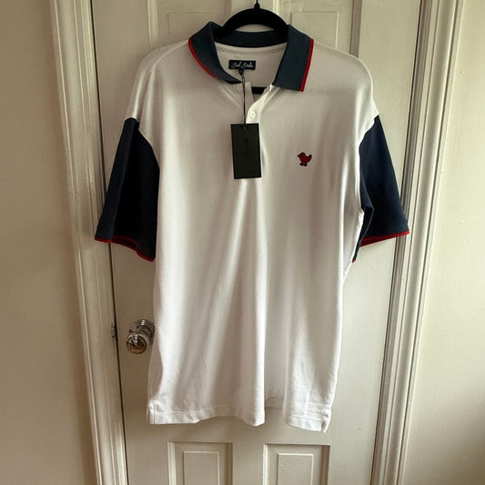Bad Birdie Golf Polo Shirt Large White Navy Red Colorblock NWT Performance