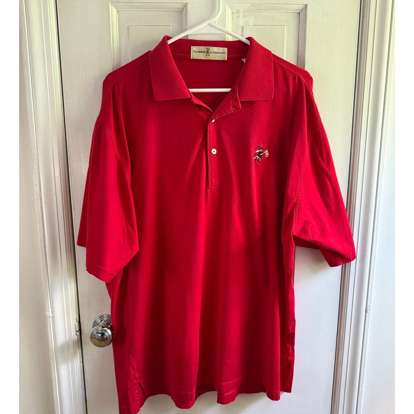 Vintage Fairway Greene Salem Witch Logo Red Polo Shirt Golf Mens Large L EUC