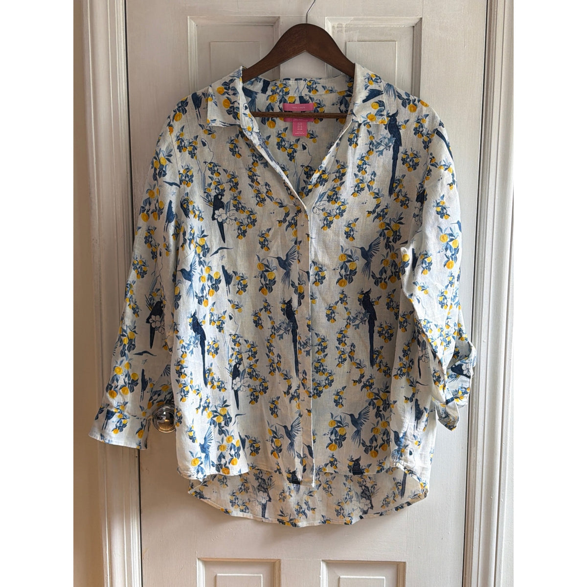 Isaac Mizrahi New York Women's 100% Linen Bird & Floral Print Button Front Shirt - 1X 