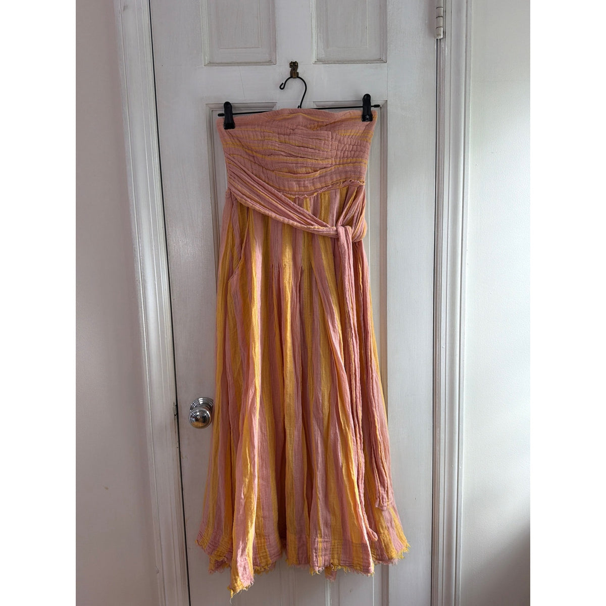 Free People Striped Strapless Smocked Maxi Dress XS Gauze Raw Hem