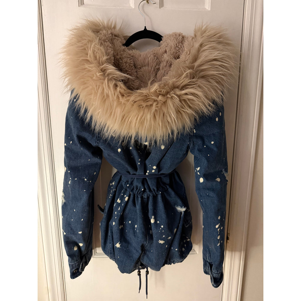 Avec Les Filles Distressed Denim Coat with Removable Faux Fur Lining - Small (Oversized)