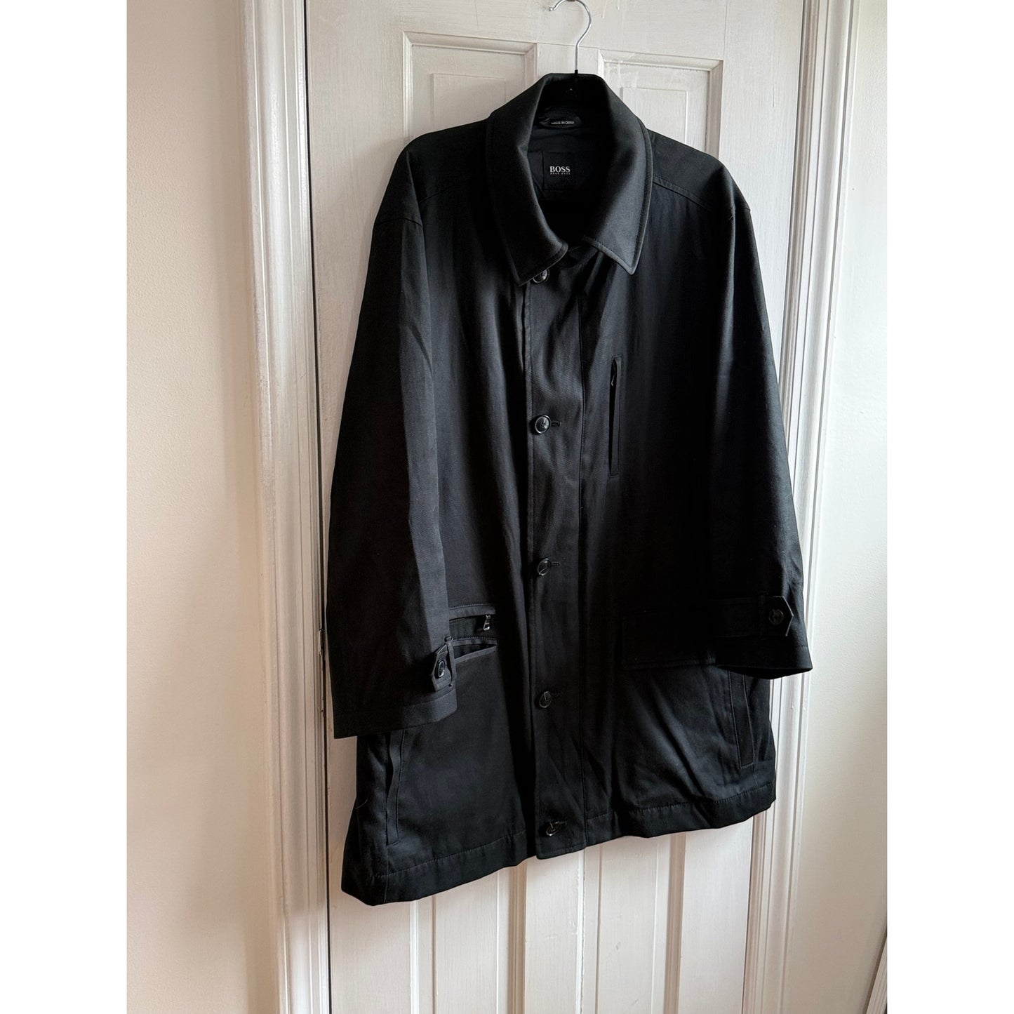 Hugo Boss "Candon" Black Cotton Overcoat - Men's Size 46R - Excellent Condition
