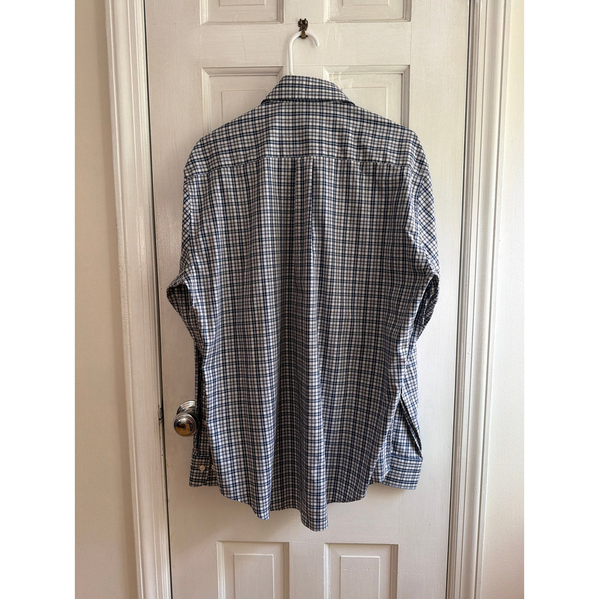 Peter Millar Men's Large Blue White Plaid Long Sleeve Button Up Shirt EUC