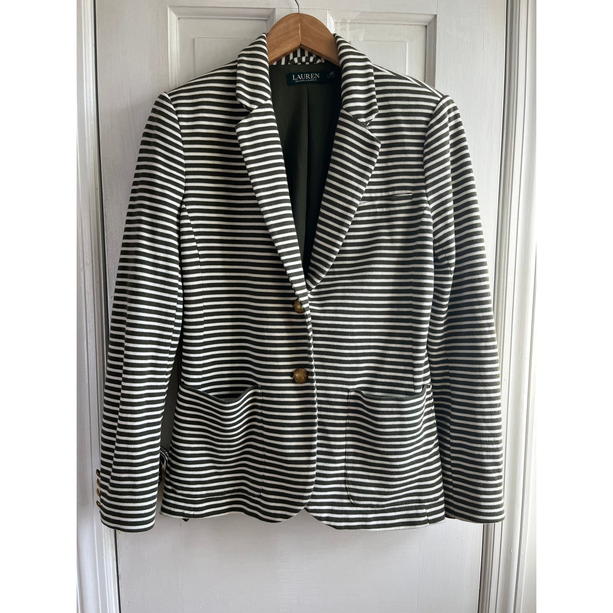 Lauren Ralph Lauren Striped Knit Blazer Green White Gold Button Crest L Large