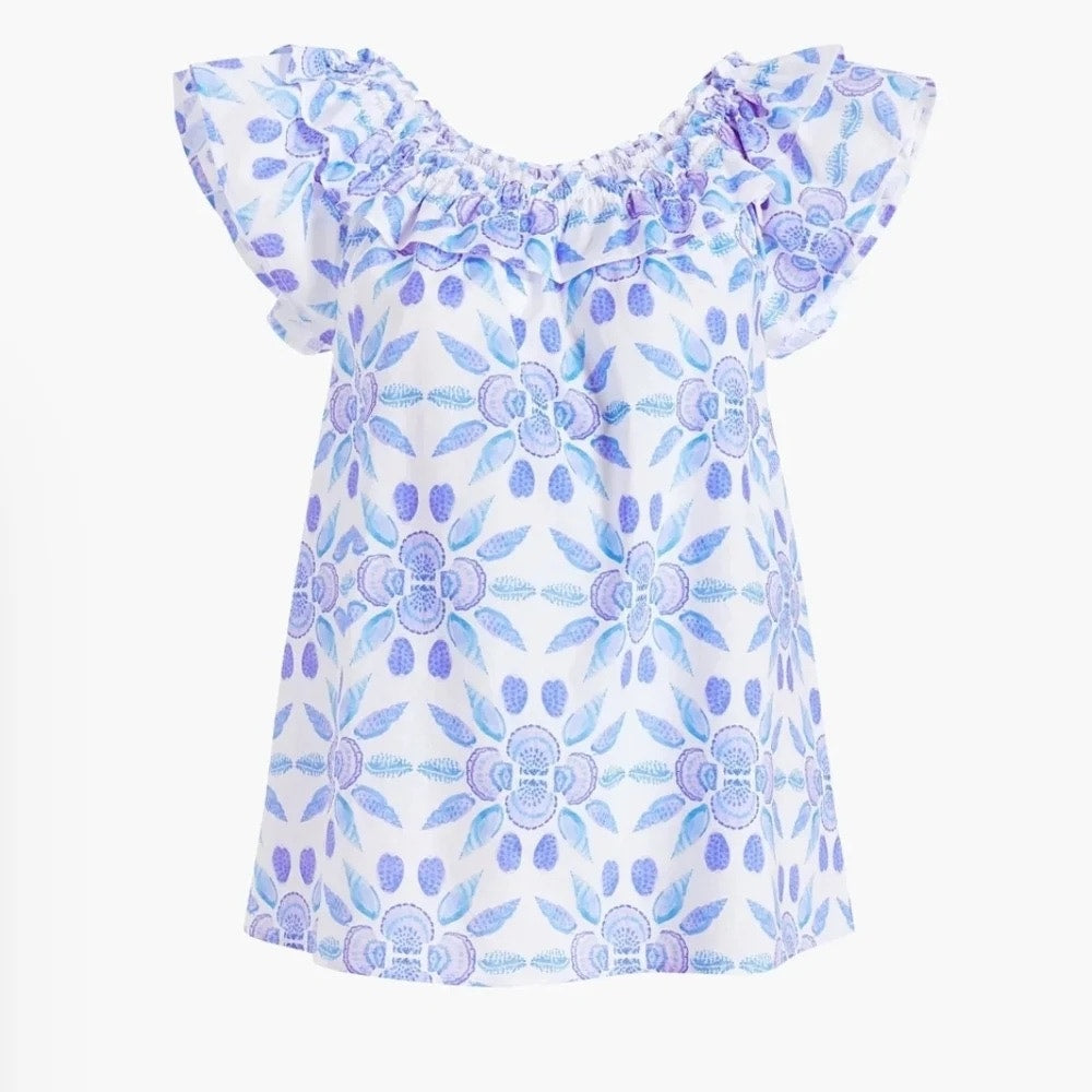 NWT Hill House The Augustine Top Blue Shell Mosaic Cotton Sz S Ruffle Smock
