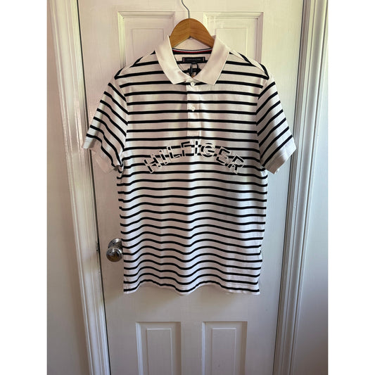 Tommy Hilfiger Men’s Polo Shirt Medium NWT WhiteNavyBlue Striped Big Logo
