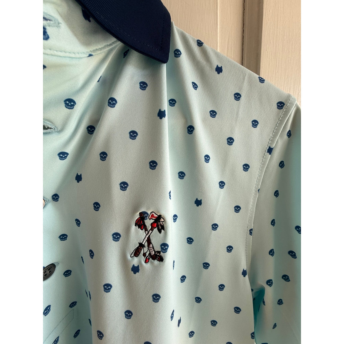 NWOT Greyson Voodoo Golf Polo - Arctic Blue - Small - Wolf & Skull Print