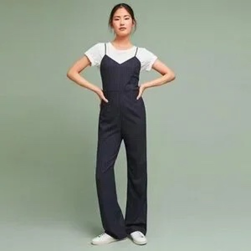 Anthropologie The Essential Pinstripe Jumpsuit Navy White Wide Leg Size 4