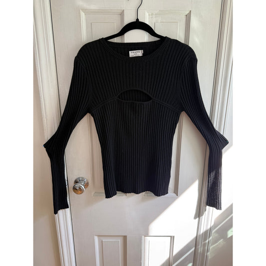 FRAME Noir Black Cut-Out Wool Blend Ribbed Knit Long Sleeve Sweater Medium EUC