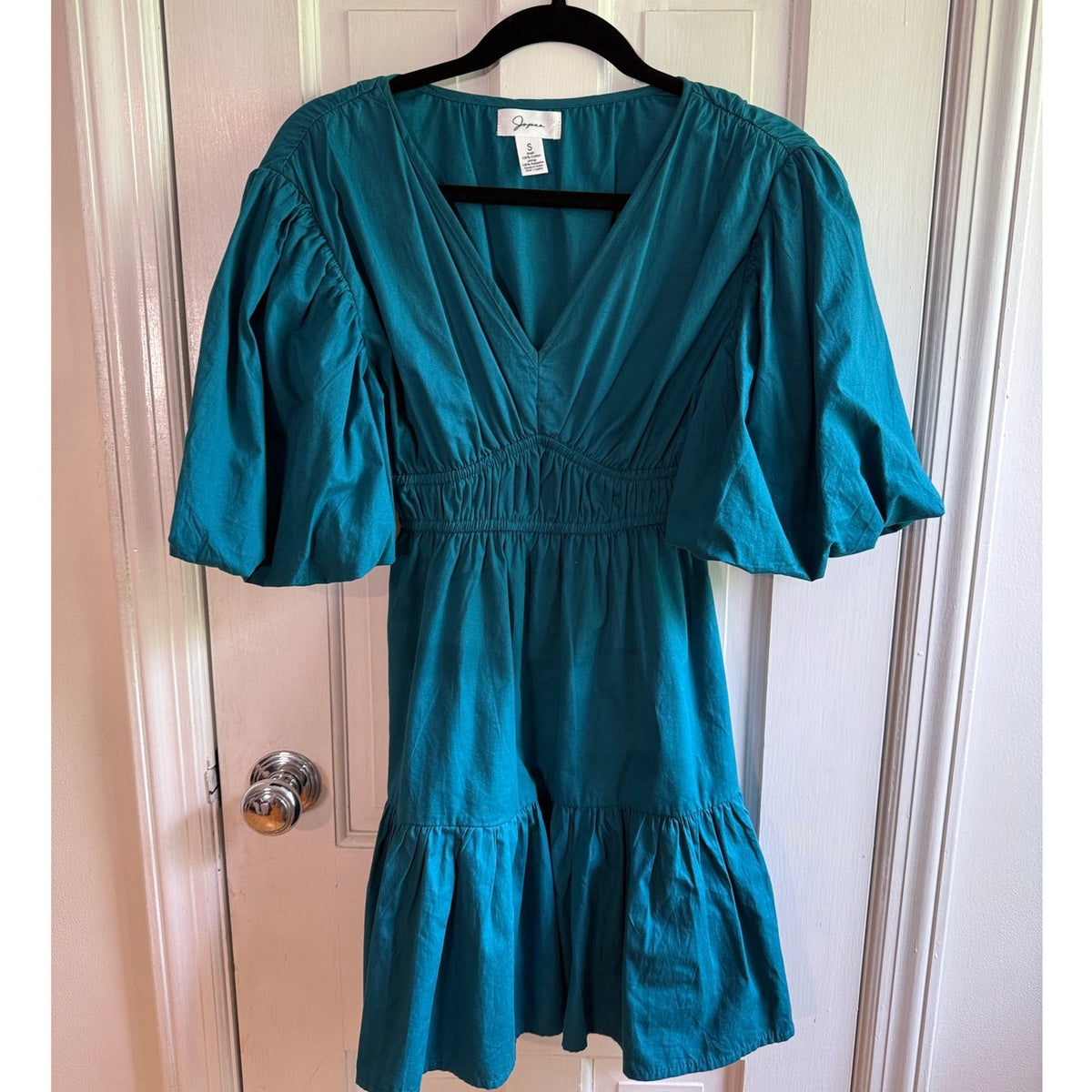 Japna Teal Green Puff Sleeve Tiered Mini Dress V-Neck Size Small EUC