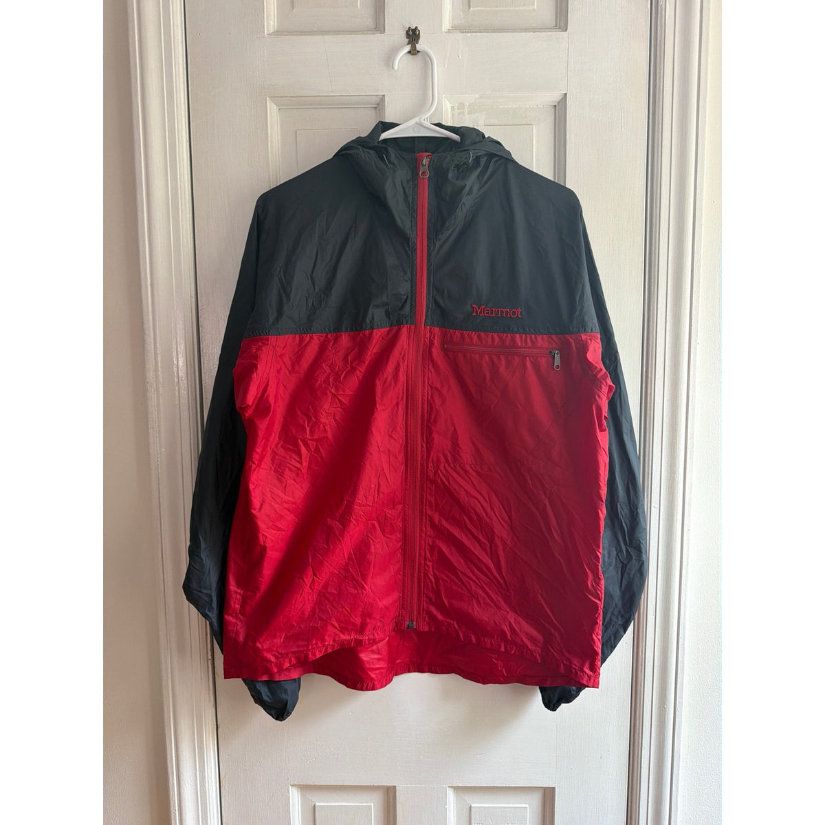 Marmot Red & Black Colorblock Trail Windbreaker Hooded Jacket M