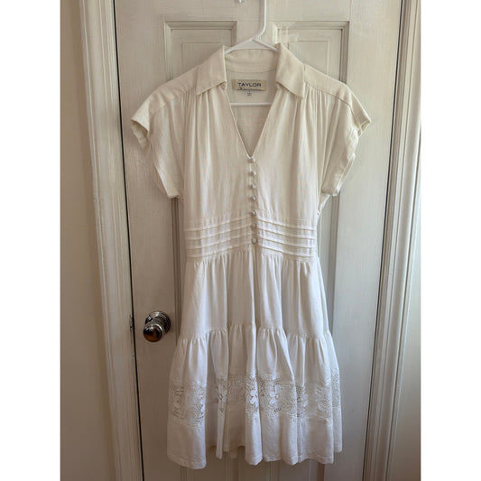 Taylor Size 4 Short Sleeve Front Button White Dress With Floral Lace Detailing and Pockets