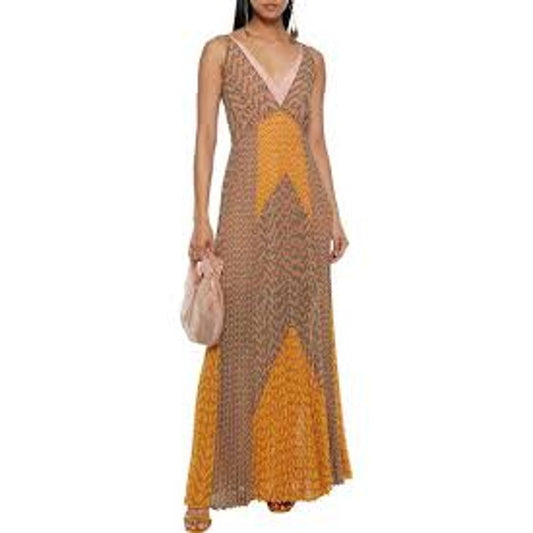 🌟 NWT Self-Portrait Logo Print Pleated Chiffon Maxi Dress Pink Green Size 4 US