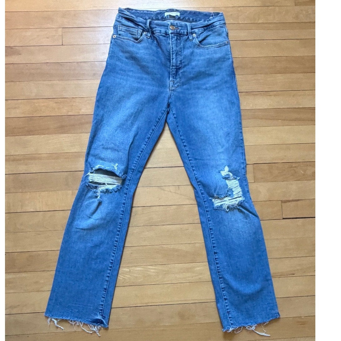 Good American Good Straight Jeans Size 4/27 High Rise Distressed Frayed Hem EUC