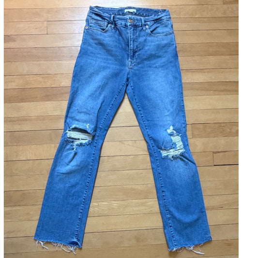 Good American Good Straight Jeans Size 4/27 High Rise Distressed Frayed Hem EUC
