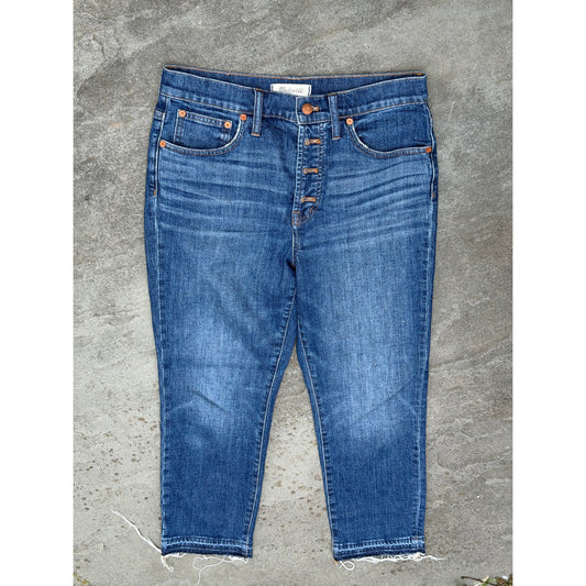 Madewell The Mid-Rise Kick Out Crop Jeans Black Raw Hem Size 23 EUC