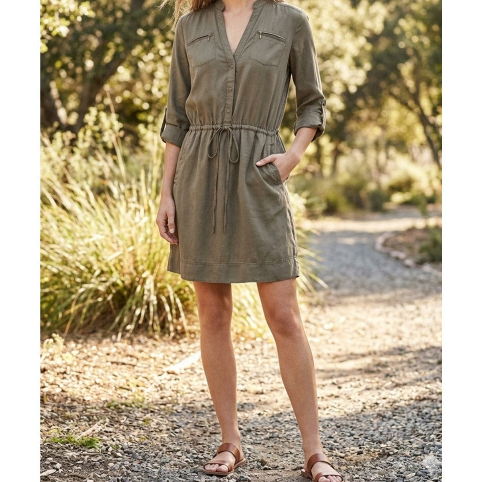 Diane von Furstenberg DVF Green Cupro Shirt Dress Size 2 EUC Cinched Waist