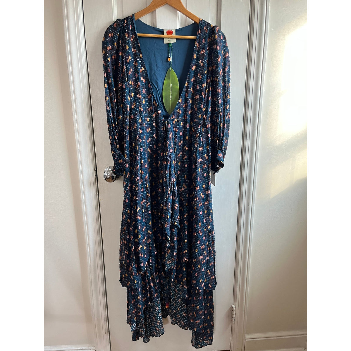 NWT Farm Rio Mini Cashew Wrap Dress Blue Multi Gold Sparkle Shimmer Size XS