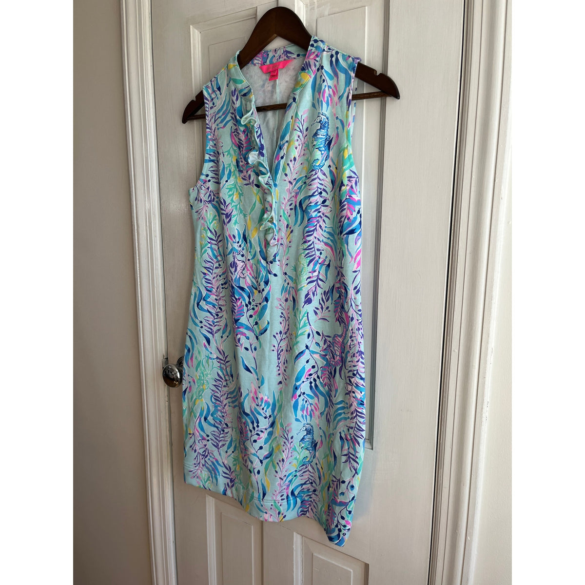 Lilly Pulitzer Sherryn Shift Dress XS Seahorse Ruffle Neck Blue Green Resortwear