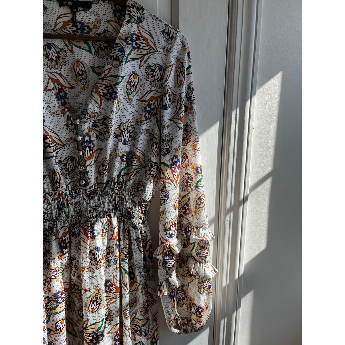 Maje White Floral Ruffle Mini Dress Tiered Bell Sleeve V-Neck Boho EU 38 US 6