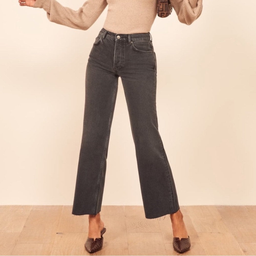💎 Reformation Fawcett High Rise Wide Leg Black Jeans Monterey Wash Raw Hem 26