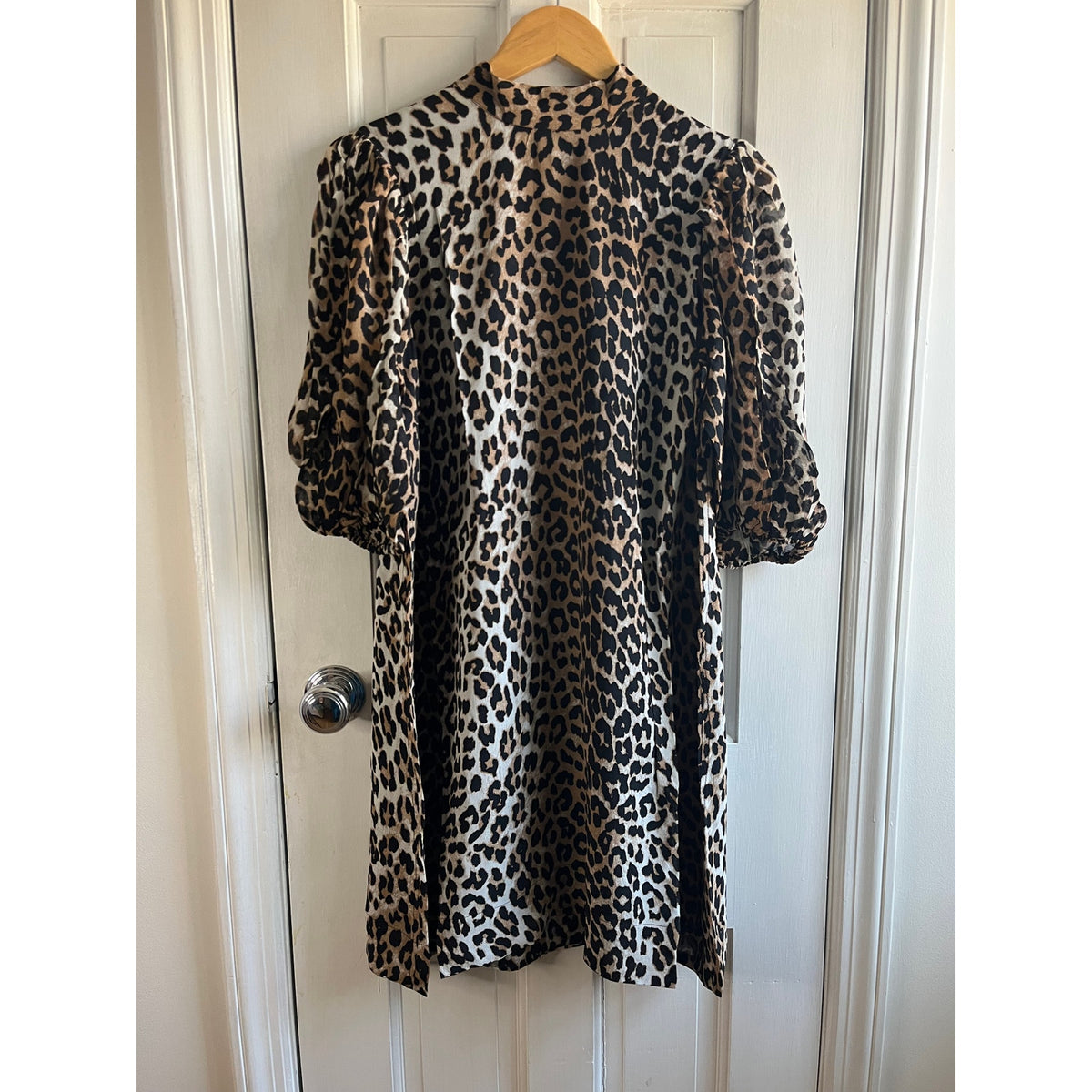 GANNI NWT Leopard Georgette Smock Mini Dress Mock Neck Oversized 38 US 6