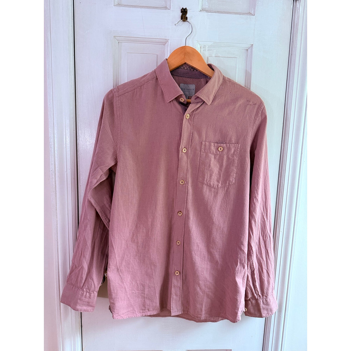 Ted Baker Mens 2 S Pink Linen Button Down Shirt Long Sleeve Pocket Casual Preppy