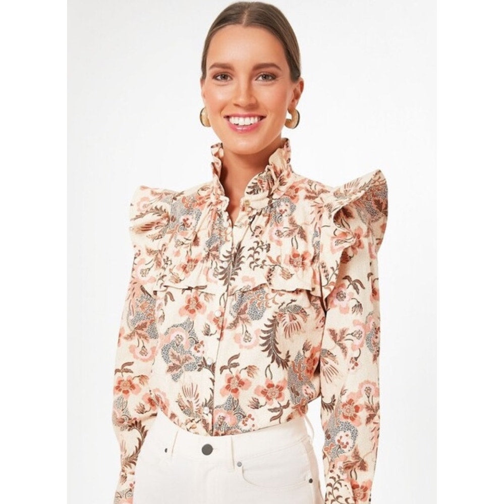 Tuckernuck Larkspur Blouse S Beige Botanical Floral Stand Collar Swing Top 🌿
