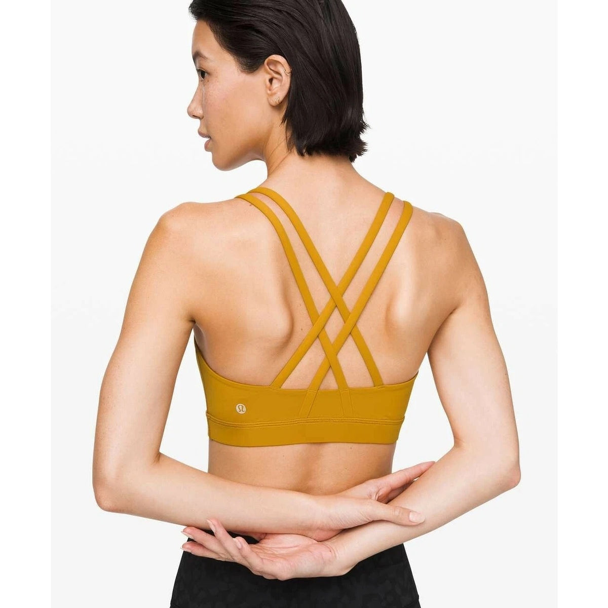 Lululemon Energy Bra Gold Metallic Racerback Medium Support Athletic Essential ✨