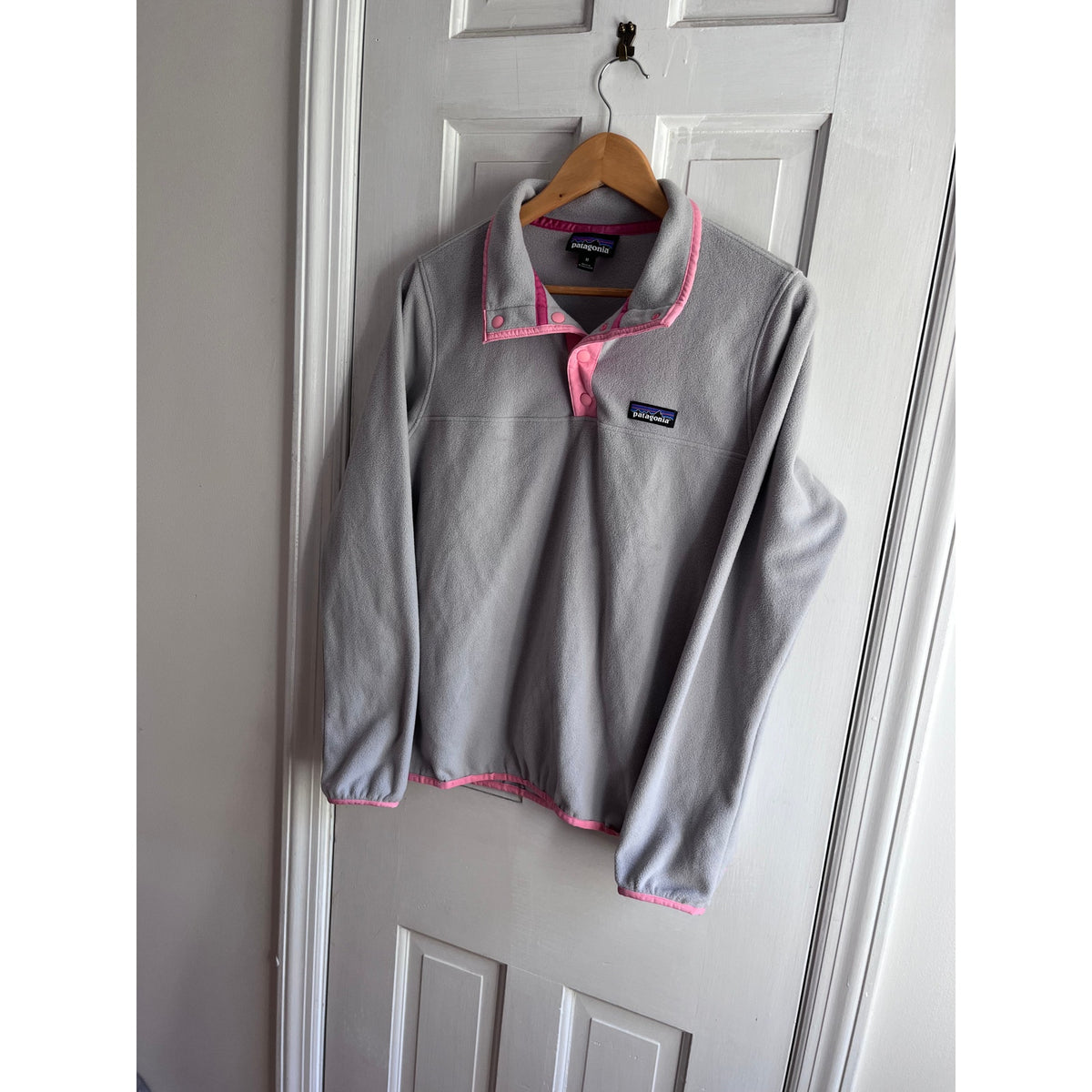 Patagonia Micro D Snap-T Fleece Pullover Heather Grey Pink Trim Women M