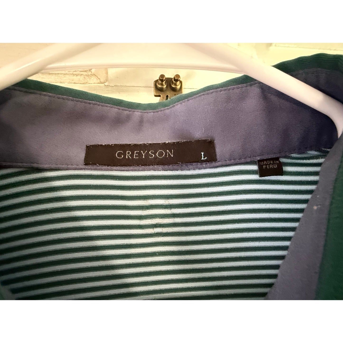 Greyson Cloistered Knight Logo Green Striped Golf Polo Shirt Size Large EUC