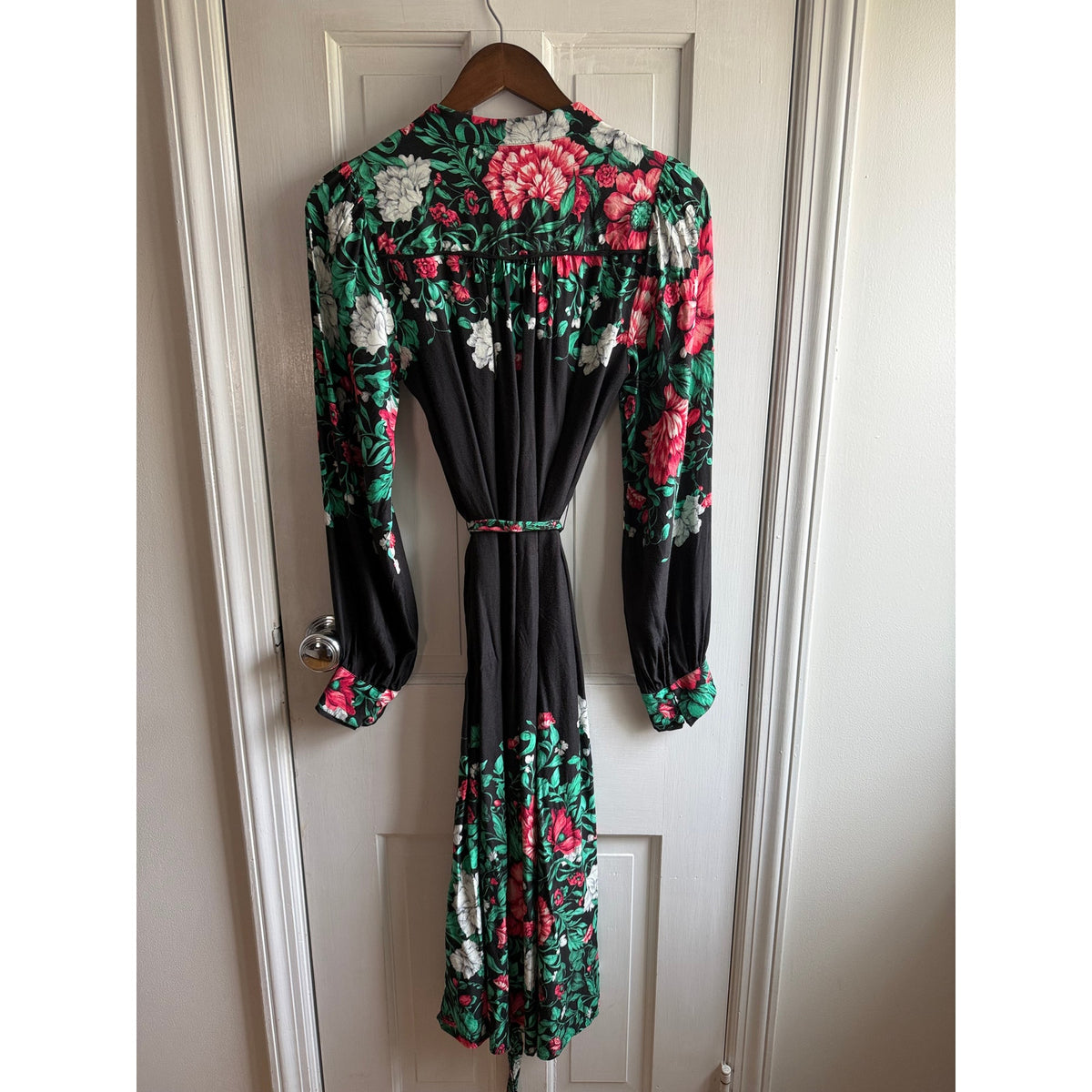 Anthropologie Black Floral Long Sleeve Dress - Green/Pink Leaf Print- Small