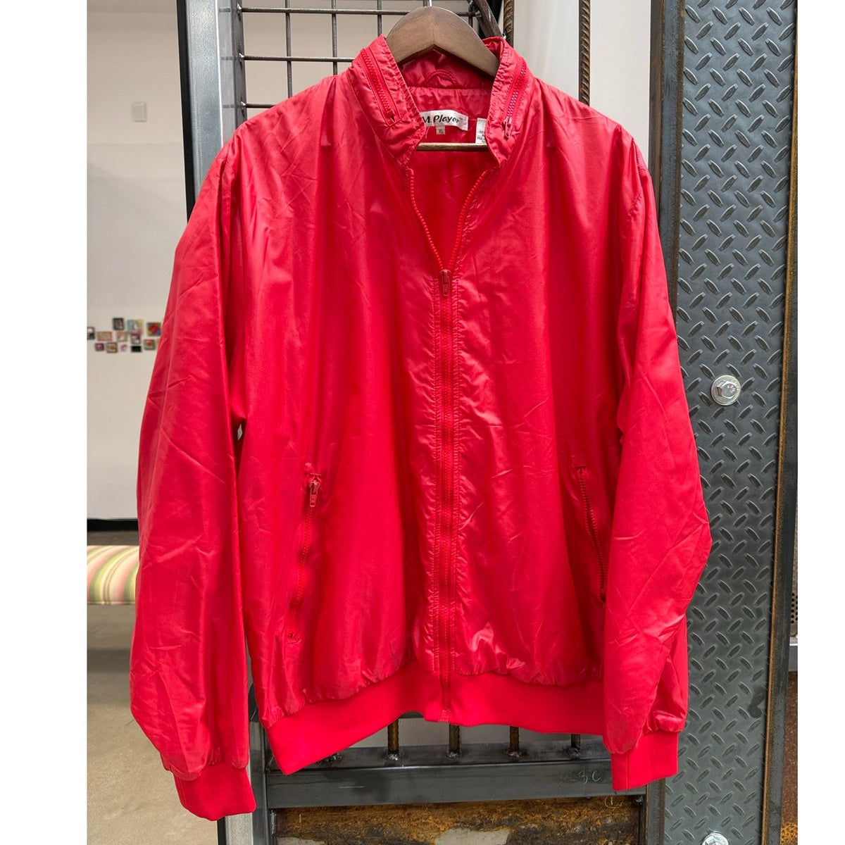 Vintage AM Player Windbreaker Jacket Mens Red Hooded Zip Up Retro 80s 90s Bomber