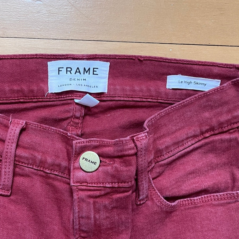 FRAME Le High Skinny Jeans Frayed Side Slit Hem Red Burnt Henna Size 25 EUC