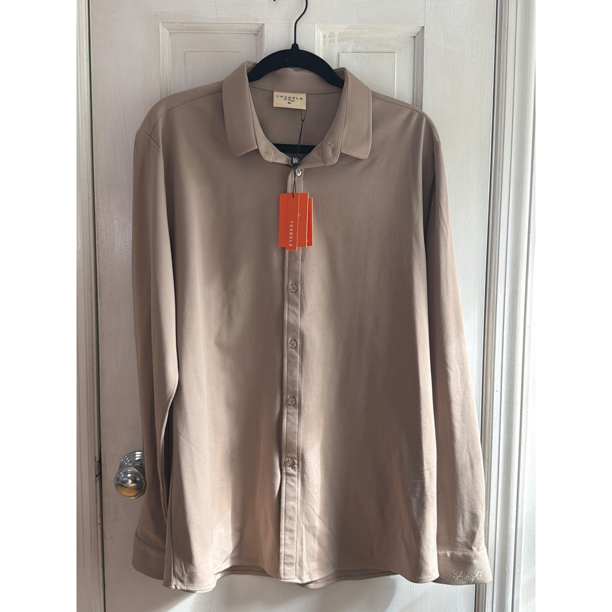 YOUNGLA 803 Men's Long Sleeve Button Up Dress Shirt - Beige / Tan, XL (NWT)