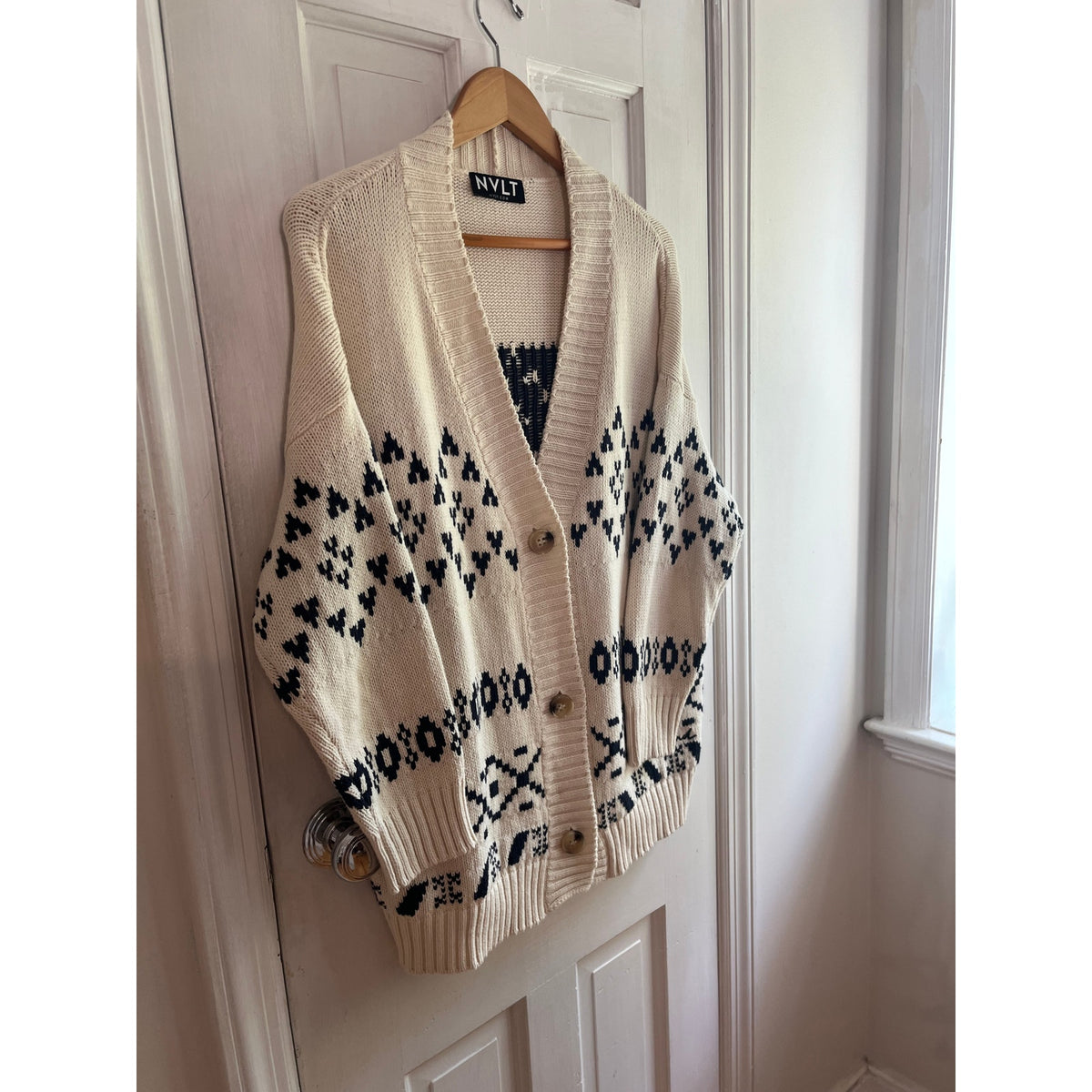 NVLT Anthropologie Oversized Knit Cardigan Cream Black Fair Isle XS