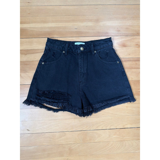 Rollas Duster Shorts 25 Black High Rise Slim Cutoff Ripped Hem Denim Jeans EUC