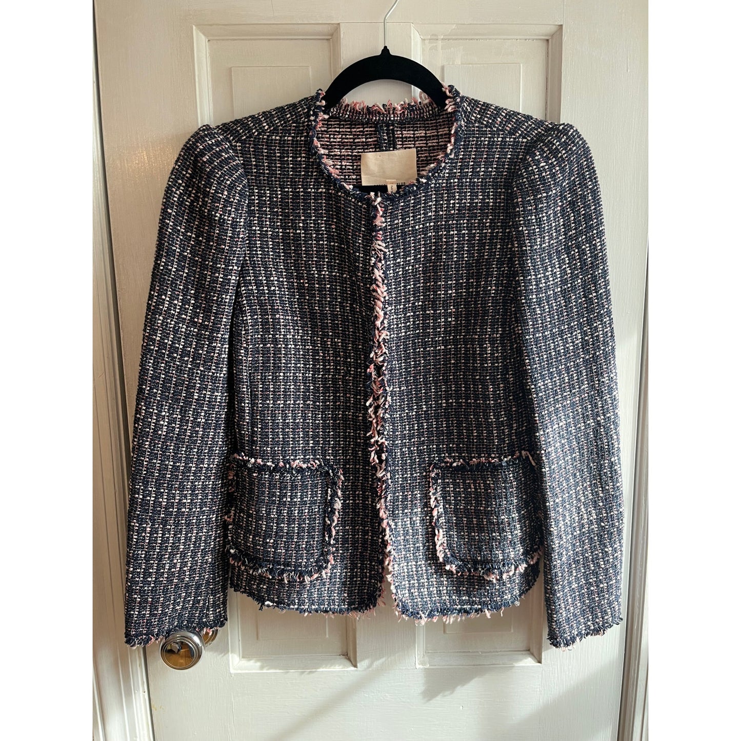 REBECCA TAYLOR Navy Blue Pink Tweed Cropped Blazer Frayed Fringe Trim | US 2